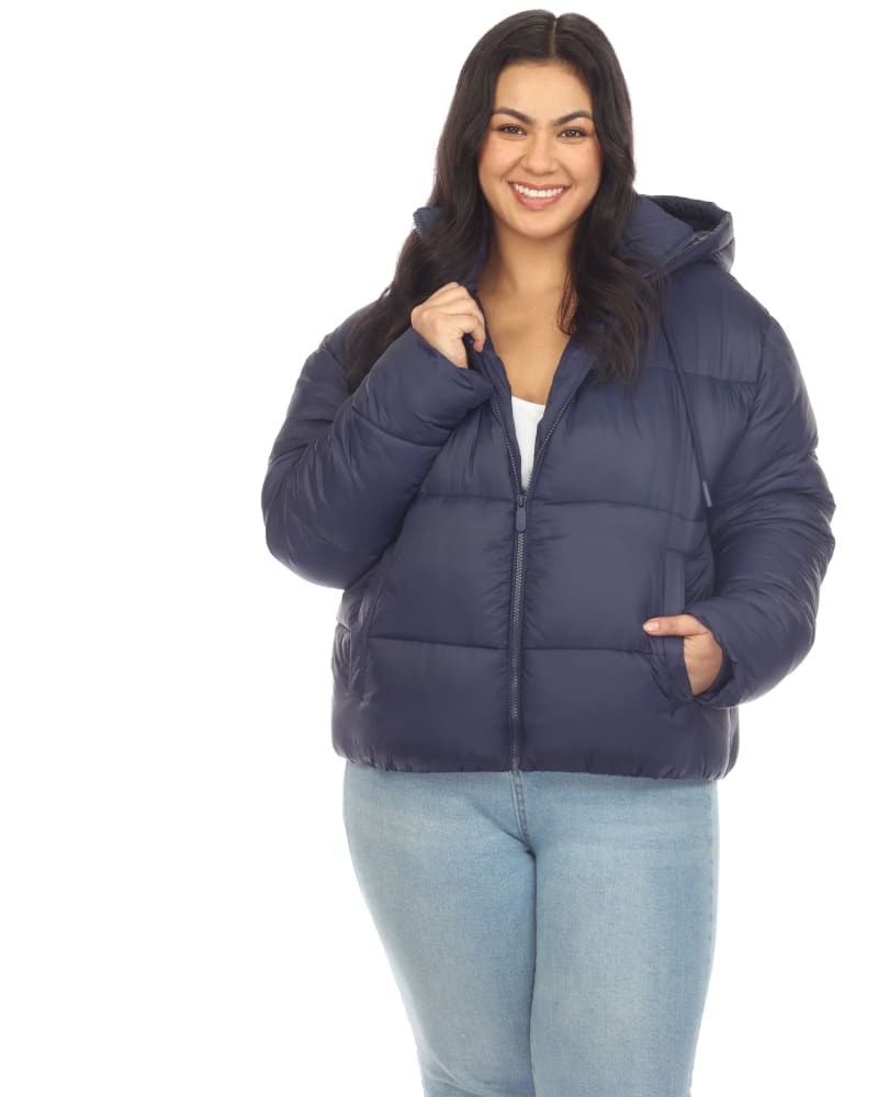 Front of a model wearing a size 2X Women's Full Front Zip Hooded Bomber Puffer Coat in Navy by White Mark. | dia_product_style_image_id:306500